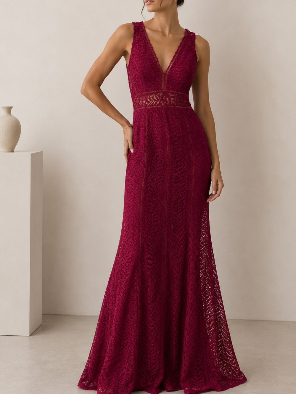Burgundy lace maxi dress Mermaid V-neck Sleeveless Romantic Wedding Guest